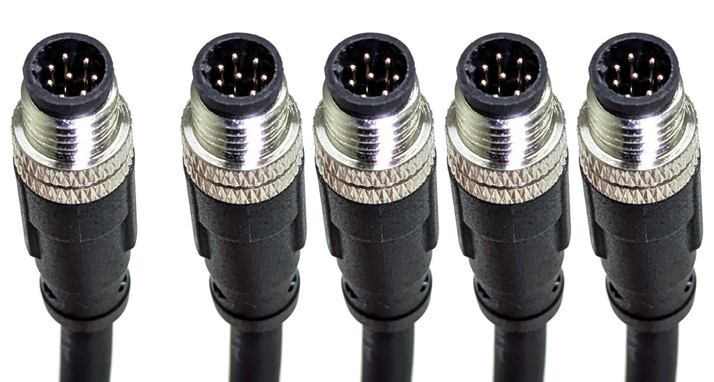 Five M8 male trigger plugs of the LATTICE 5-camera sync harness, one separate and four grouped