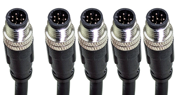 Five M8 male trigger plugs of the LATTICE 5-camera sync harness, one separate and four grouped