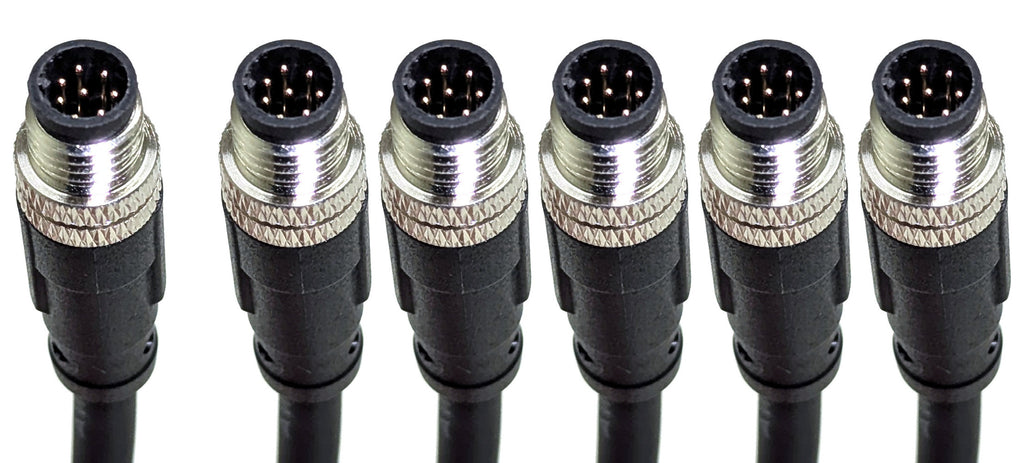 Six M8 male trigger plugs of the LATTICE 6-camera sync harness, one separate and five grouped