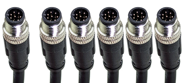 Six M8 male trigger plugs of the LATTICE 6-camera sync harness, one separate and five grouped