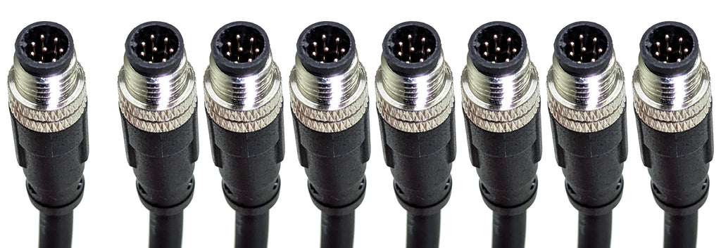 Eight M8 male trigger plugs of the LATTICE 8-camera sync harness, one separate and seven grouped