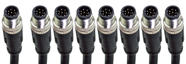 Eight M8 male trigger plugs of the LATTICE 8-camera sync harness, one separate and seven grouped
