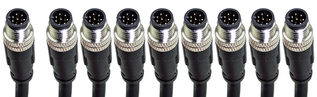 Nine M8 male trigger plugs of the LATTICE 9-camera sync harness, one separate and eight grouped