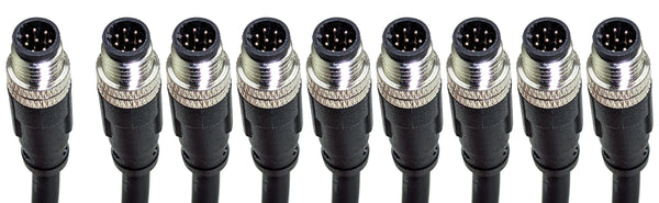 Nine M8 male trigger plugs of the LATTICE 9-camera sync harness, one separate and eight grouped