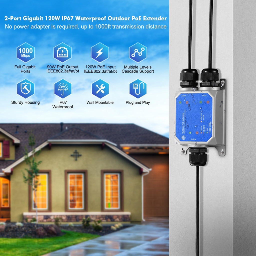 Gigabit PoE Extender: 3-Port (90W, Outdoor, IP67)
